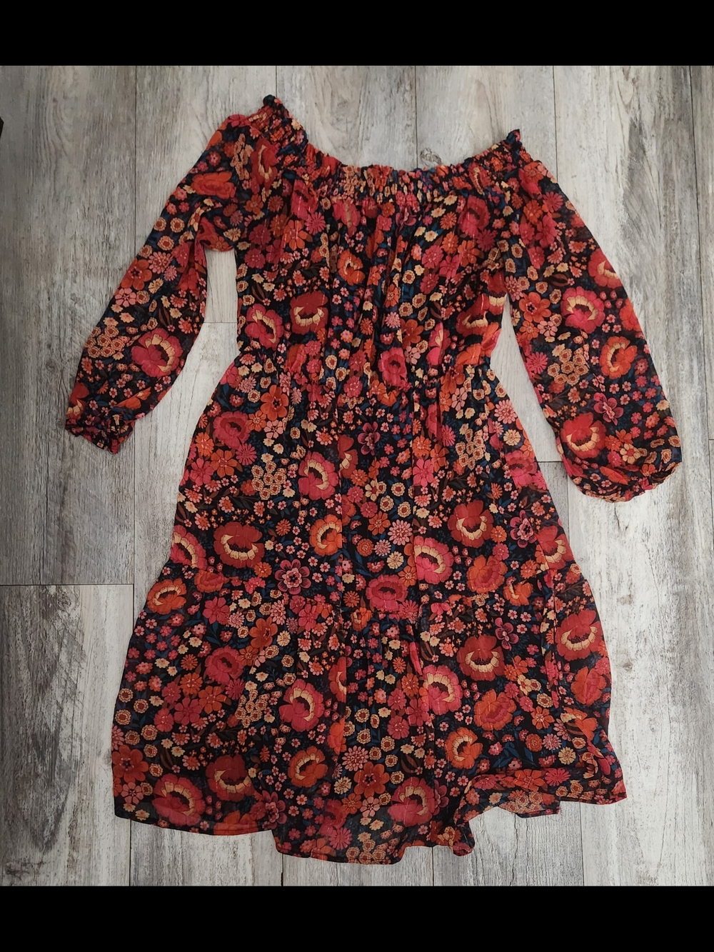 Beige By ECI Black, Red, and Orange Floral Dress - Picture 1 of 5